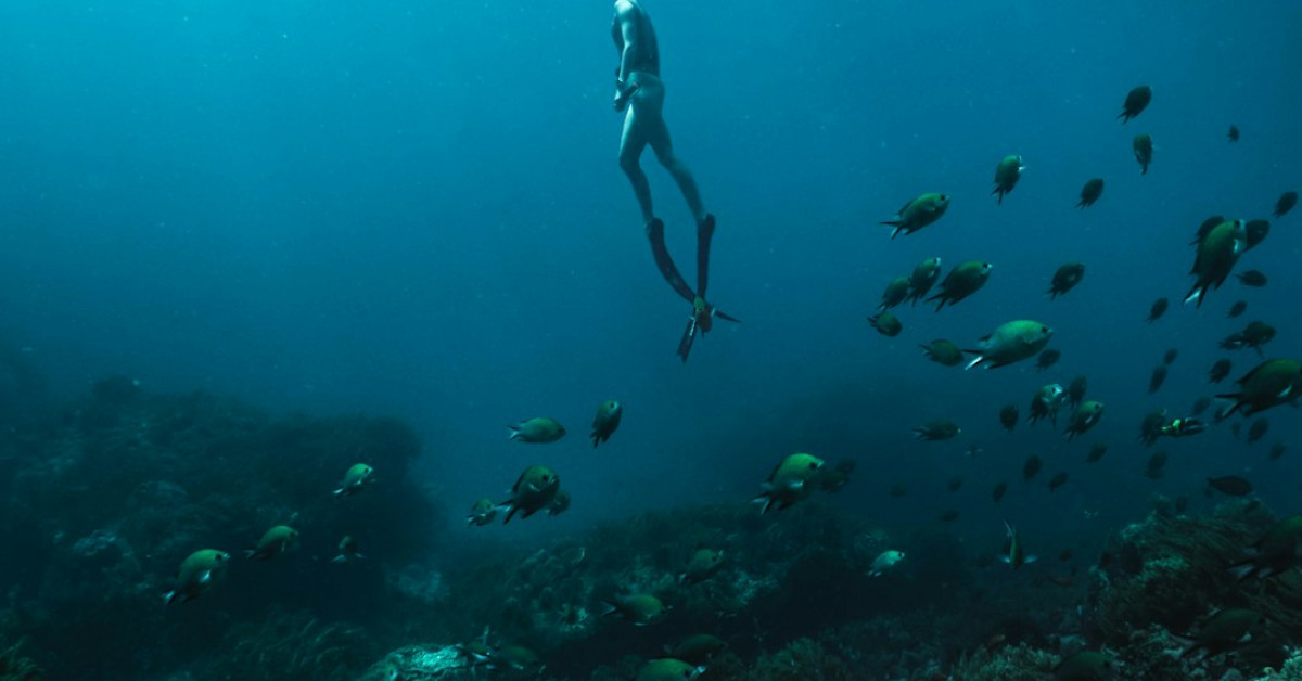 Couple diving together showcasing underwater passion and connection.