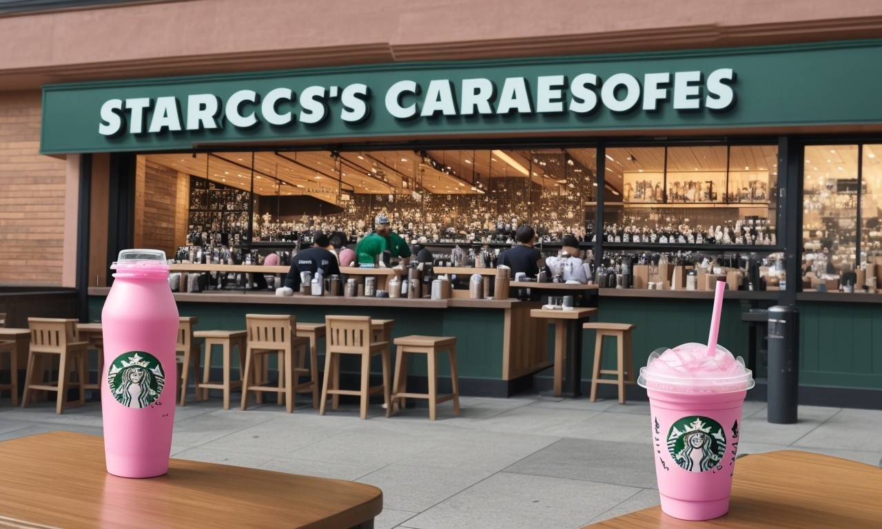 Starbucks pink drink in branded bottle on wooden surface.