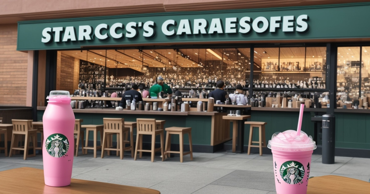 Starbucks pink drink in branded bottle on wooden surface.