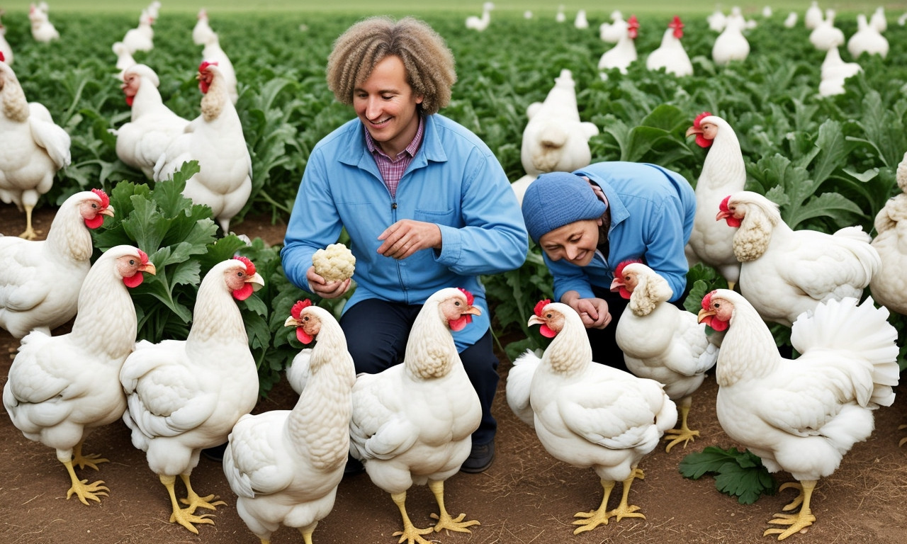 Chickens feeding on cauliflower for healthy poultry diet tips.