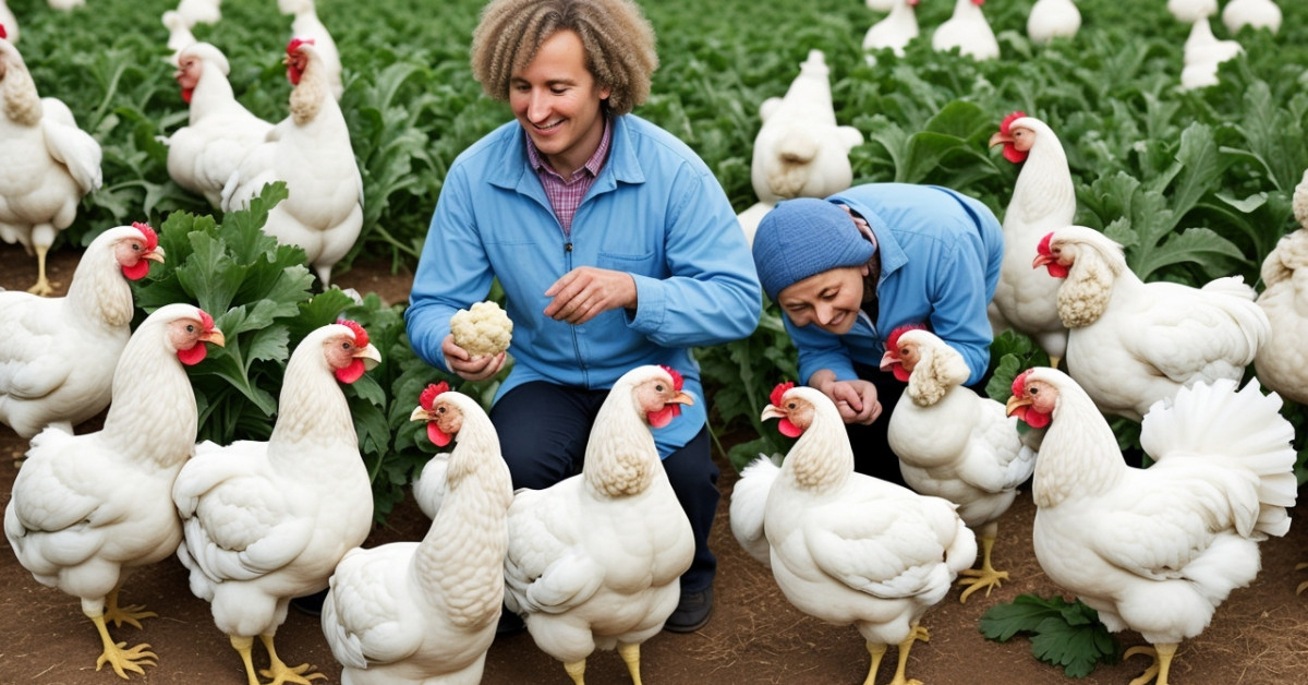 Chickens feeding on cauliflower for healthy poultry diet tips.