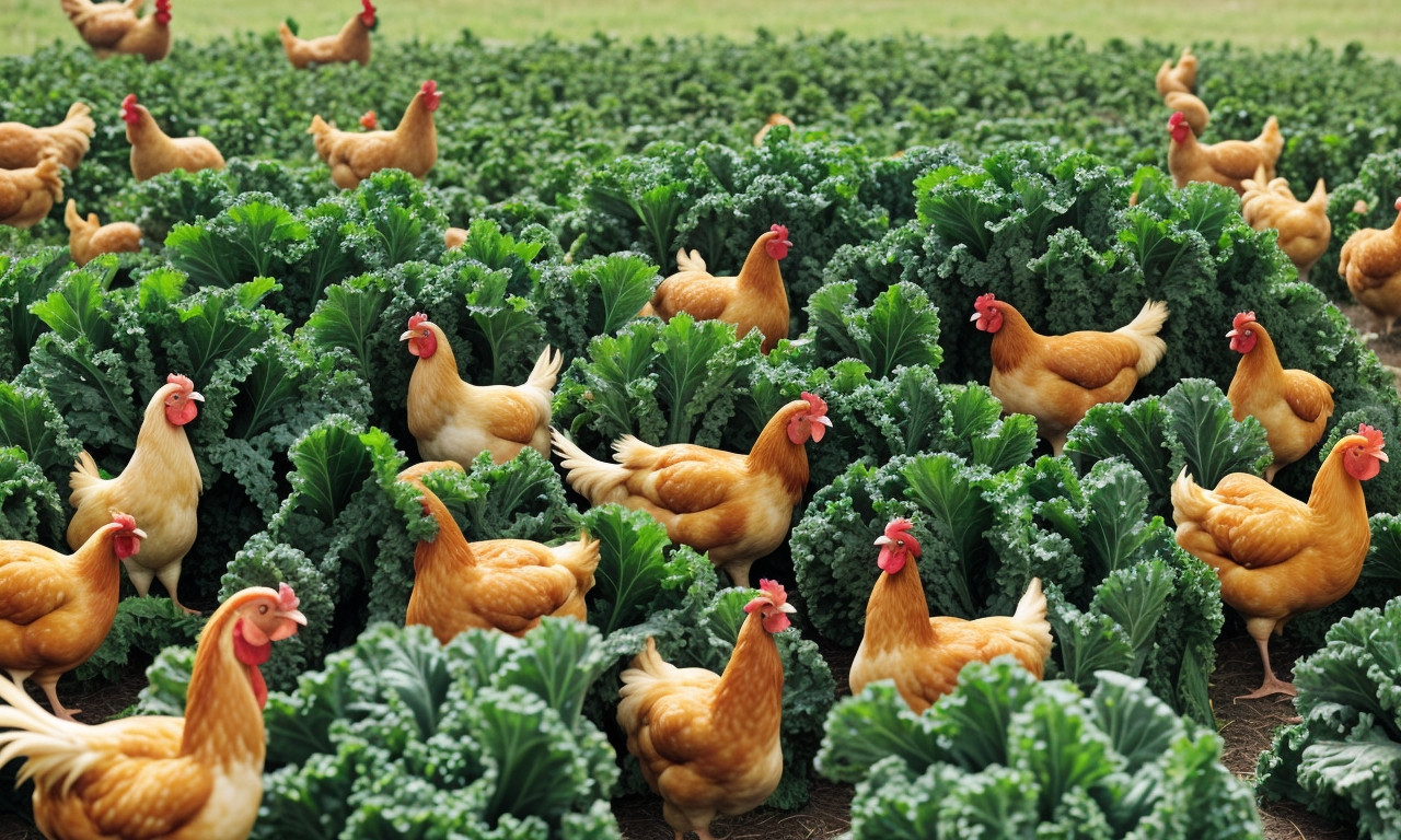 Chickens pecking kale, highlighting health benefits