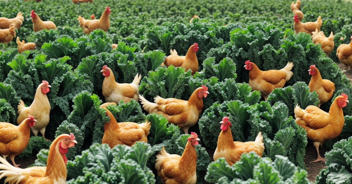 Chickens pecking kale, highlighting health benefits