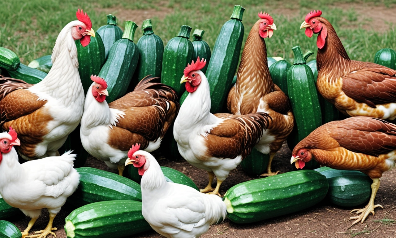 Chickens pecking at zucchini to highlight diet benefits.