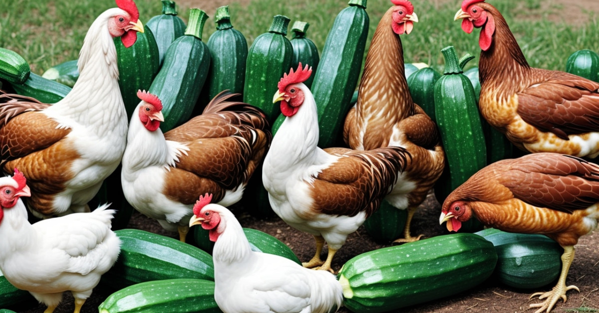 Chickens pecking at zucchini to highlight diet benefits.