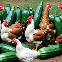 Chickens pecking at zucchini to highlight diet benefits. Chickens pecking at zucchini to highlight diet benefits.