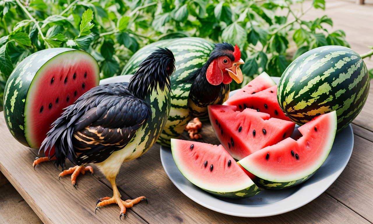 Chickens eating watermelon to showcase dietary benefits.