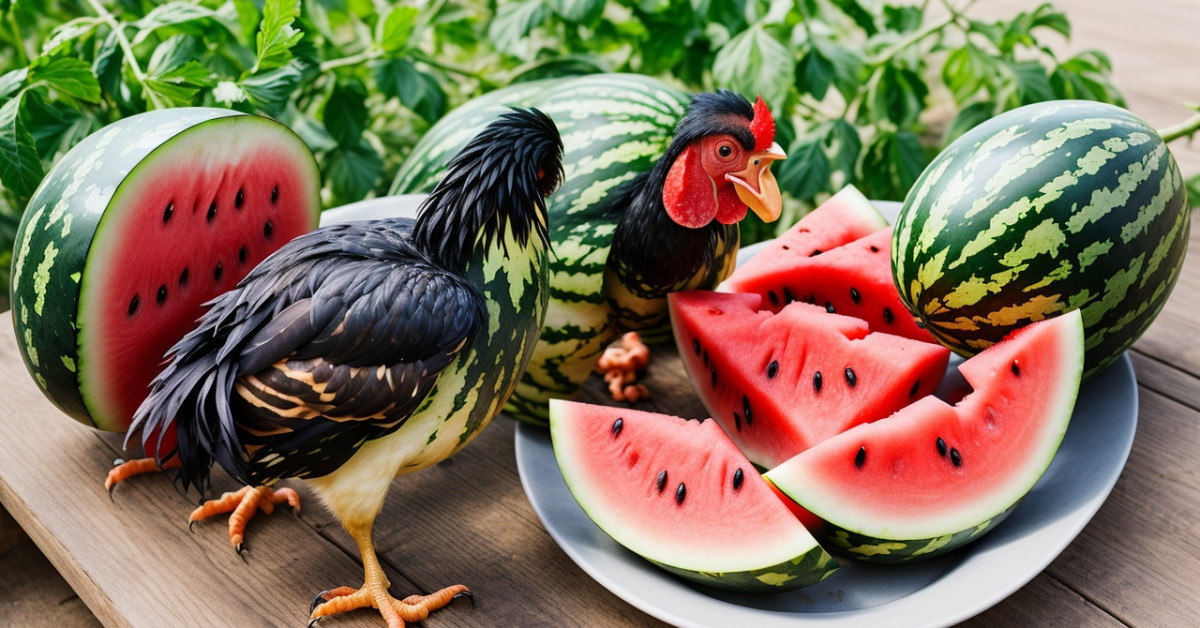Chickens eating watermelon to showcase dietary benefits.