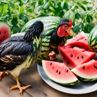 Chickens eating watermelon to showcase dietary benefits. Chickens eating watermelon to showcase dietary benefits.