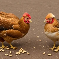Chickens pecking at peanut butter on a farm. Chickens pecking at peanut butter on a farm.