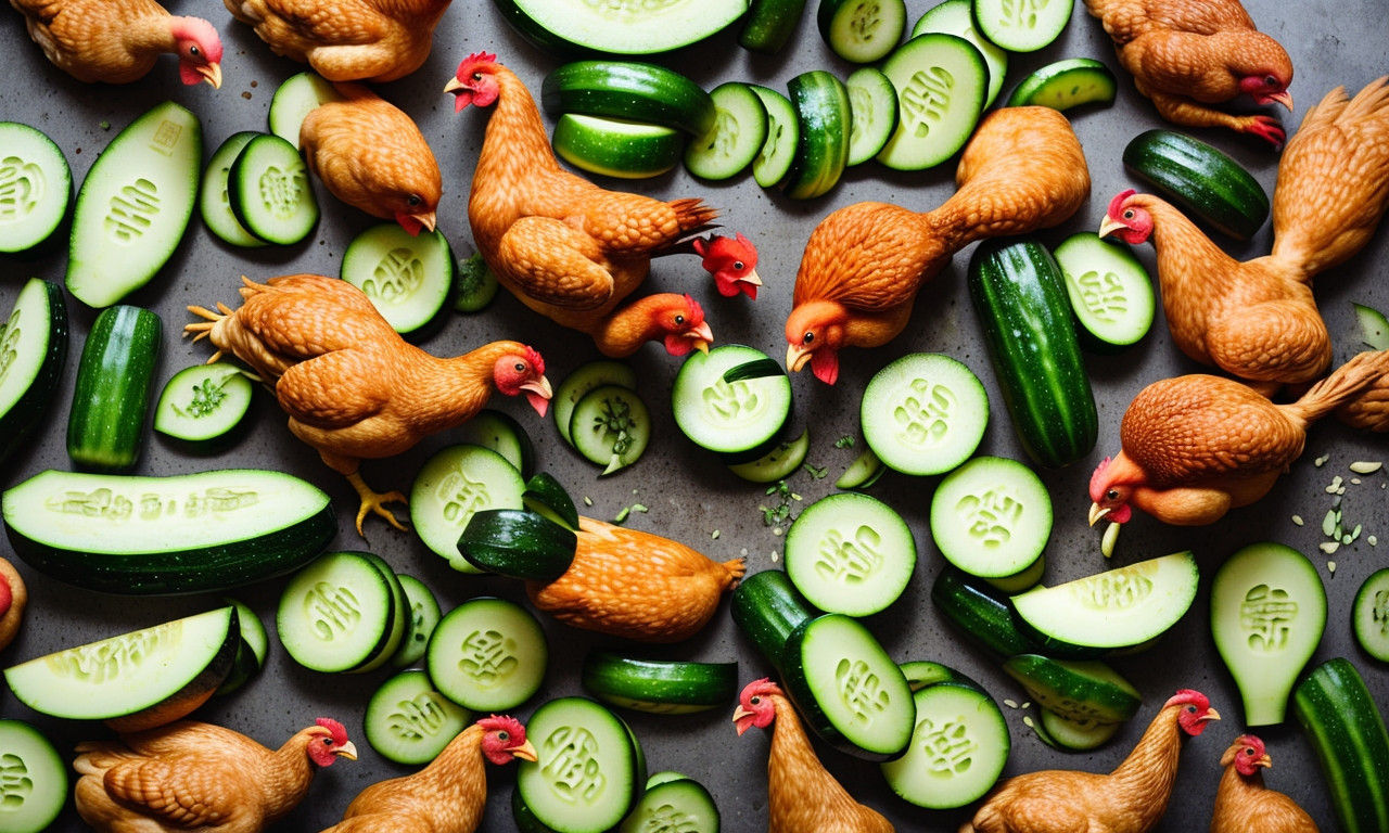 Chickens eating cucumbers guide for poultry diets.