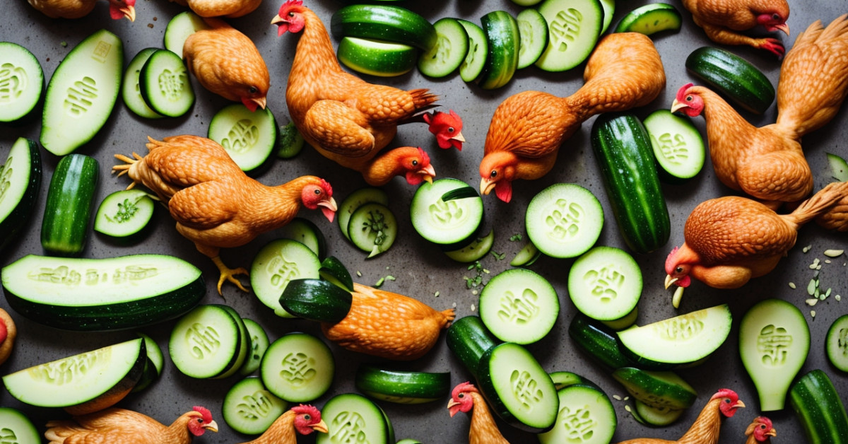 Chickens eating cucumbers guide for poultry diets.