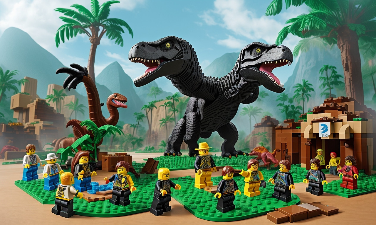 LEGO Jurassic Park anniversary sets with dinosaurs and characters.