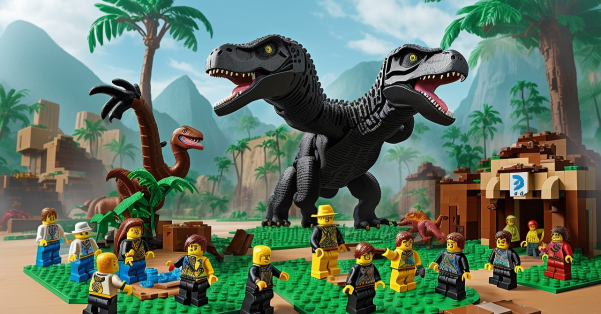 LEGO Jurassic Park anniversary sets with dinosaurs and characters.