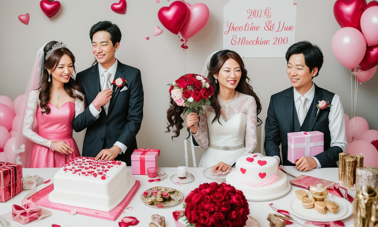 Couple toasting 9th wedding anniversary with unique gifts.