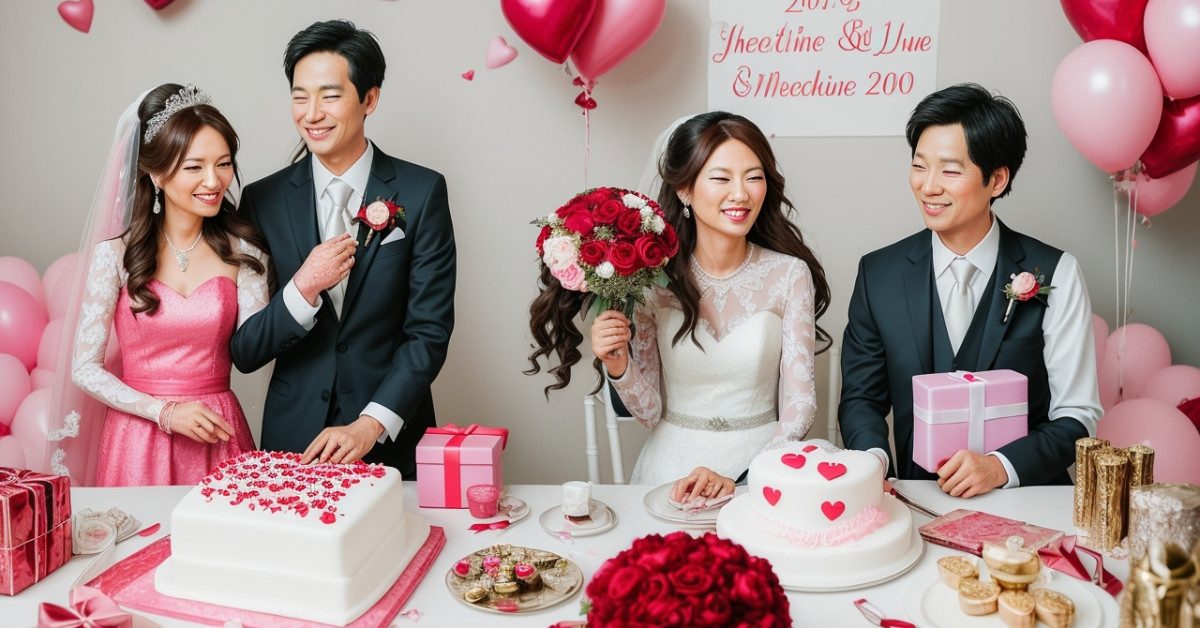 Couple toasting 9th wedding anniversary with unique gifts.