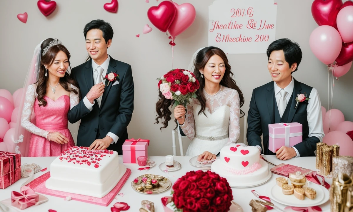 Couple toasting 9th wedding anniversary with unique gifts.