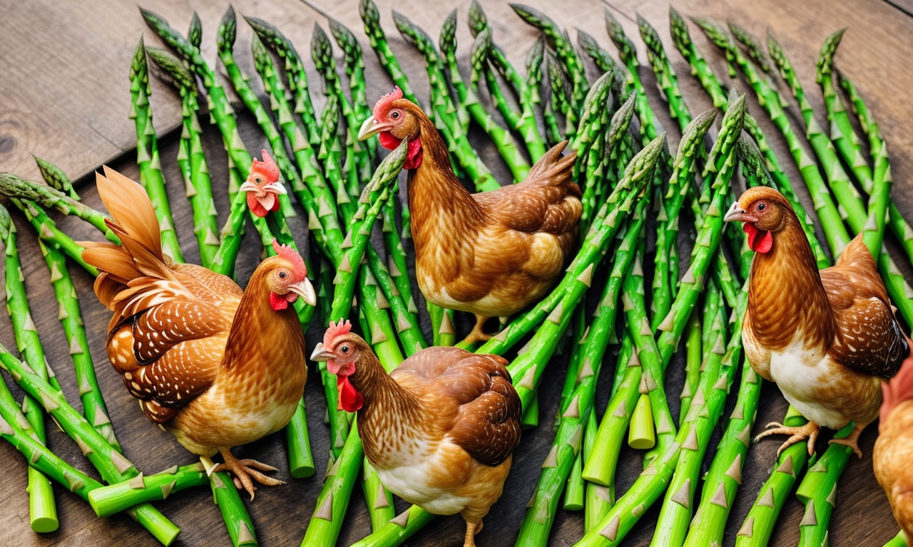 Chickens grazing near fresh asparagus in a farm setting.