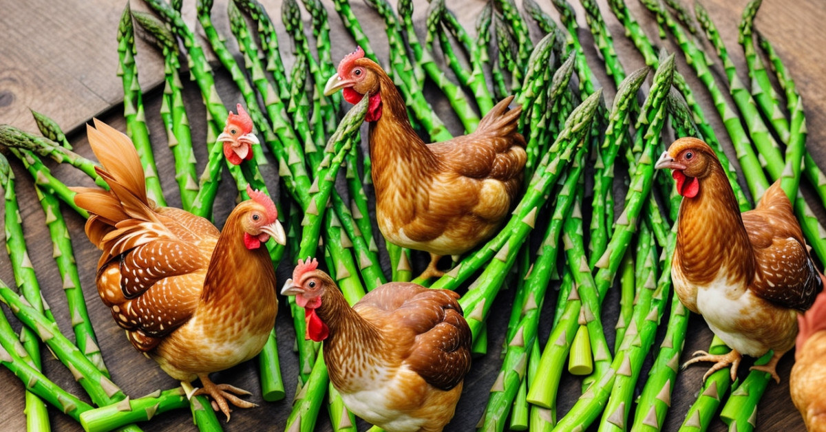 Chickens grazing near fresh asparagus in a farm setting.
