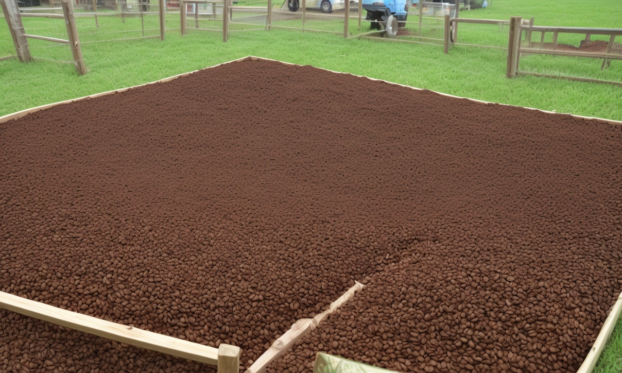 Coffee grounds scattered in chicken coop for sustainability.