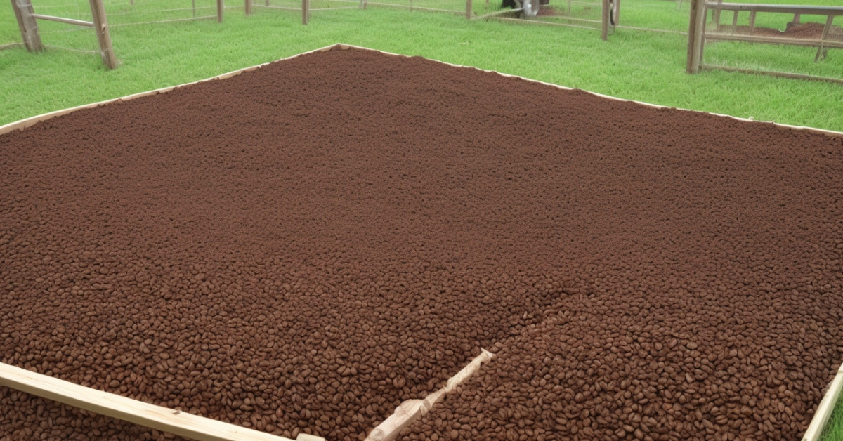 Coffee grounds scattered in chicken coop for sustainability.