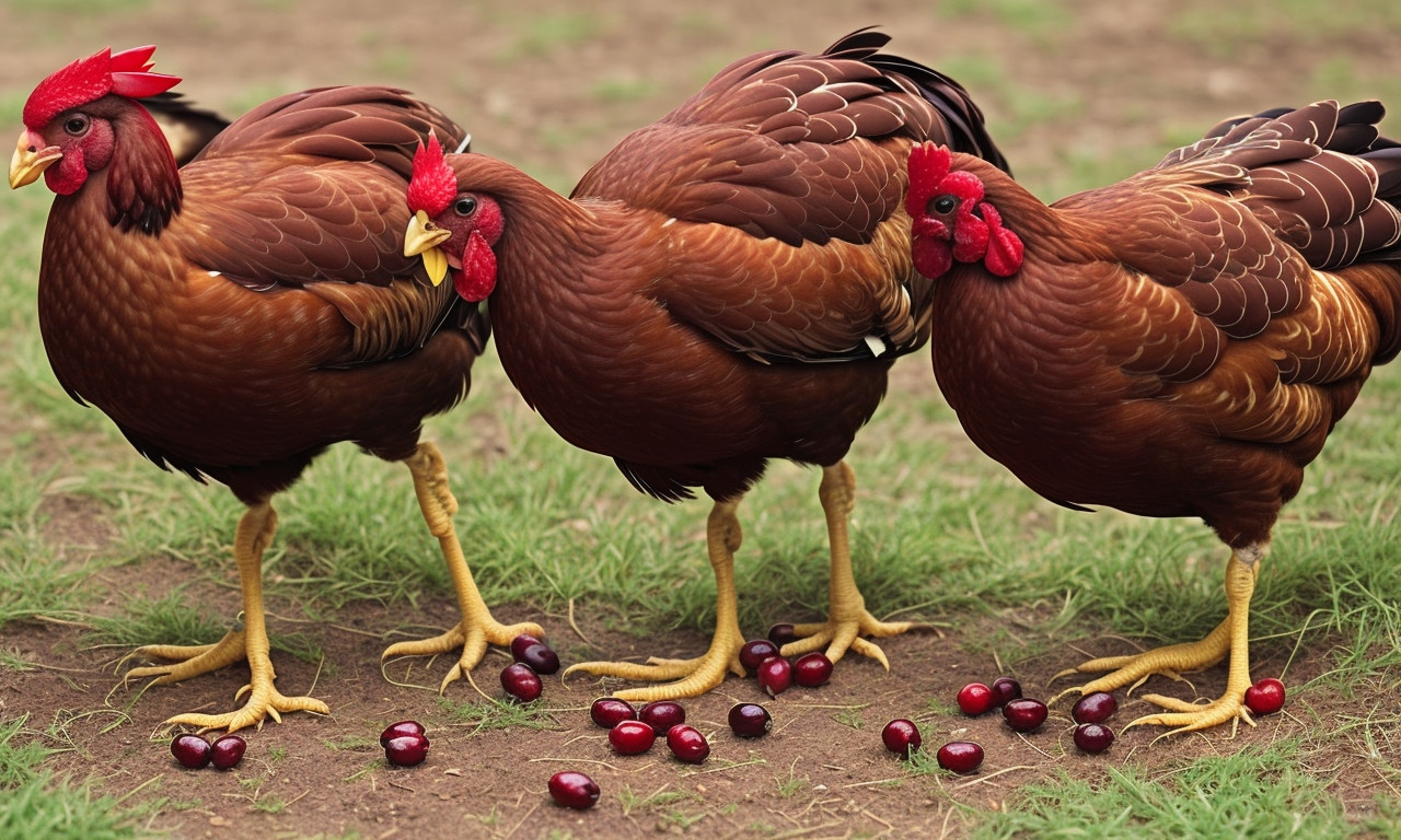 Cranberries in bowl beside feeding chickens in coop.