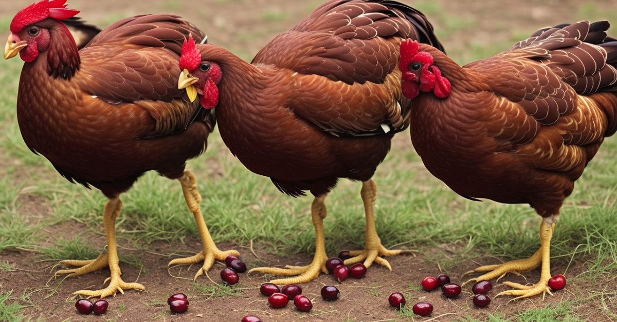 Cranberries in bowl beside feeding chickens in coop.