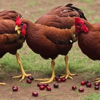 Cranberries in bowl beside feeding chickens in coop. Cranberries in bowl beside feeding chickens in coop.