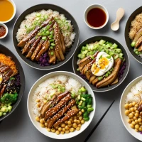 Delicious teriyaki bowl with fresh veggies and rice Delicious teriyaki bowl with fresh veggies and rice