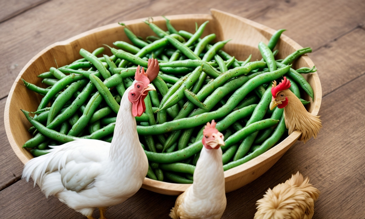 Chickens pecking at green beans to showcase healthy diet.