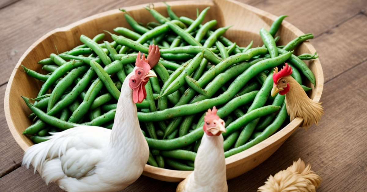 Chickens pecking at green beans to showcase healthy diet.