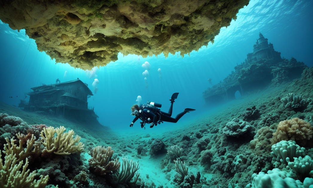Scuba divers explore vibrant coral reef underwater.