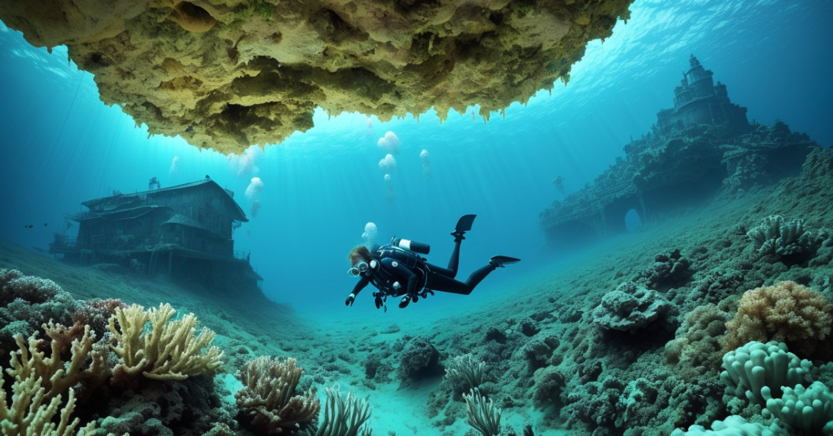 Scuba divers explore vibrant coral reef underwater.