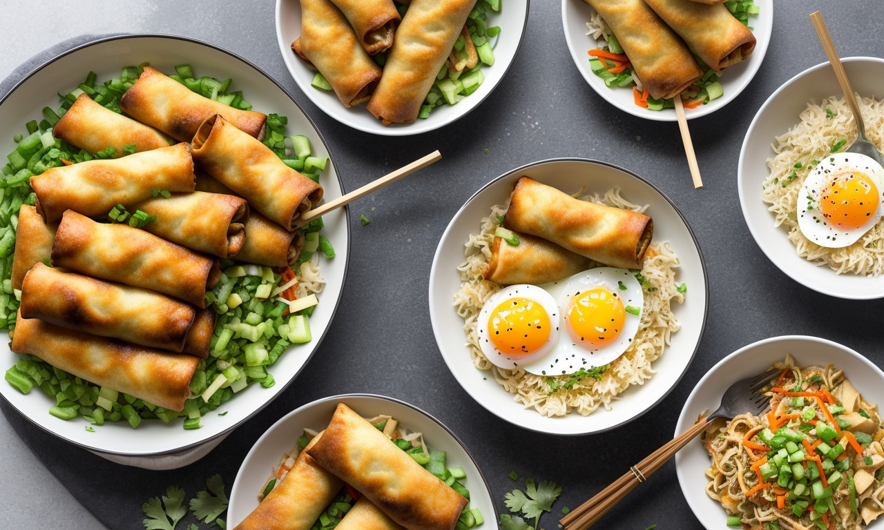 Egg rolls deconstructed in a bowl with fresh vegetables.