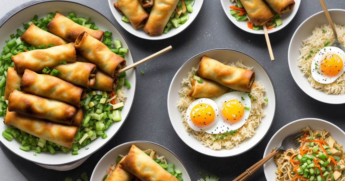 Egg rolls deconstructed in a bowl with fresh vegetables.