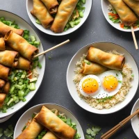 Egg rolls deconstructed in a bowl with fresh vegetables.