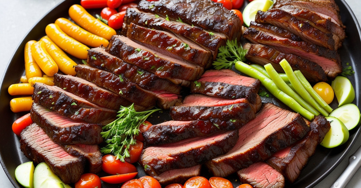 BBQ beef brisket with vegetables on smoker grill.