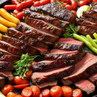 BBQ beef brisket with vegetables on smoker grill. BBQ beef brisket with vegetables on smoker grill.