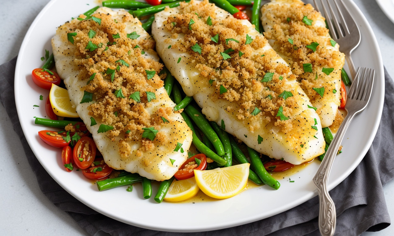 Gourmet baked cod with crispy breadcrumbs on a plate.
