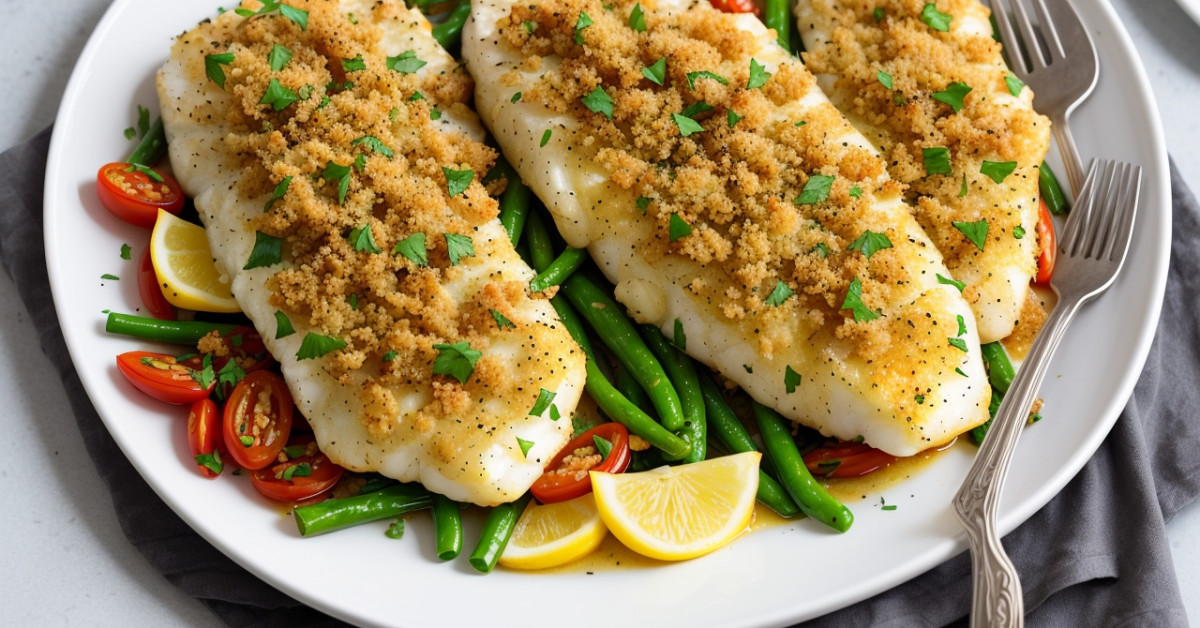 Gourmet baked cod with crispy breadcrumbs on a plate.