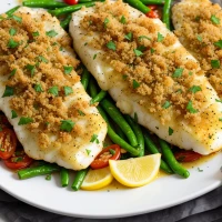 Gourmet baked cod with crispy breadcrumbs on a plate. Gourmet baked cod with crispy breadcrumbs on a plate.