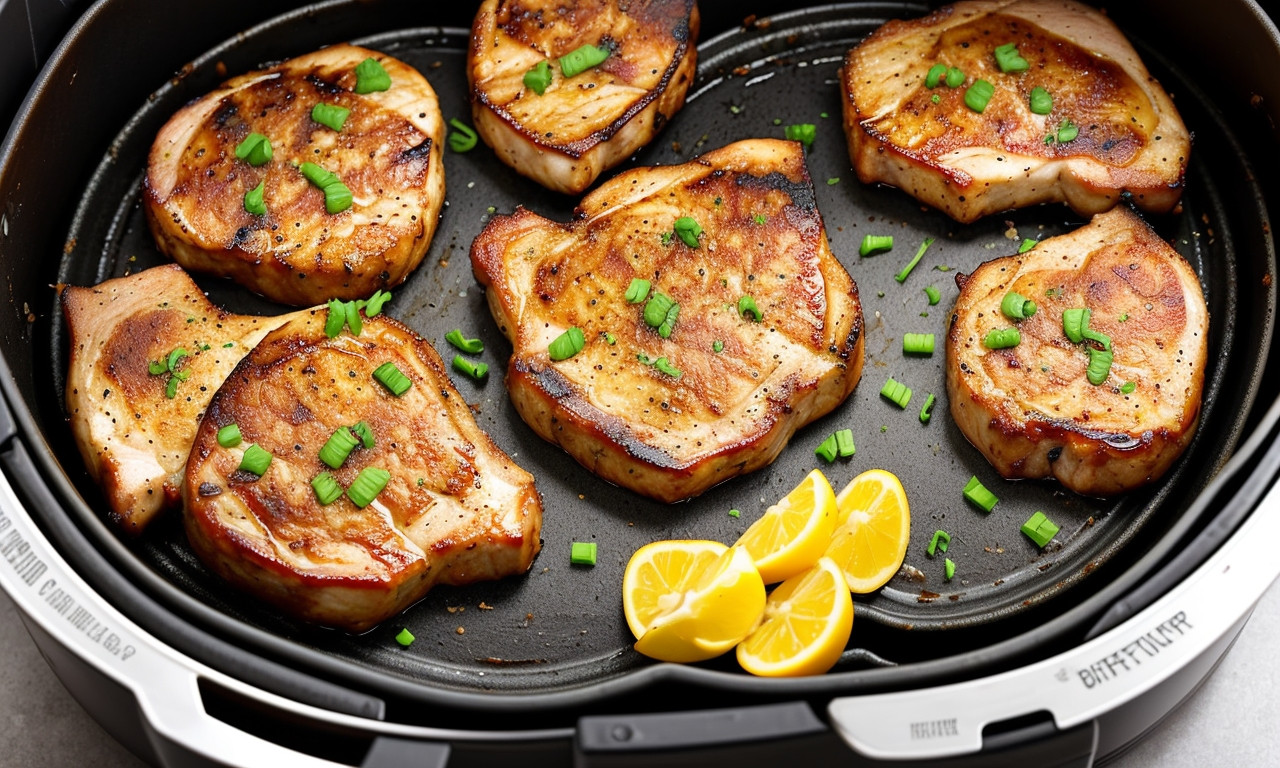 Juicy air-fried thick-cut pork chops on a plate