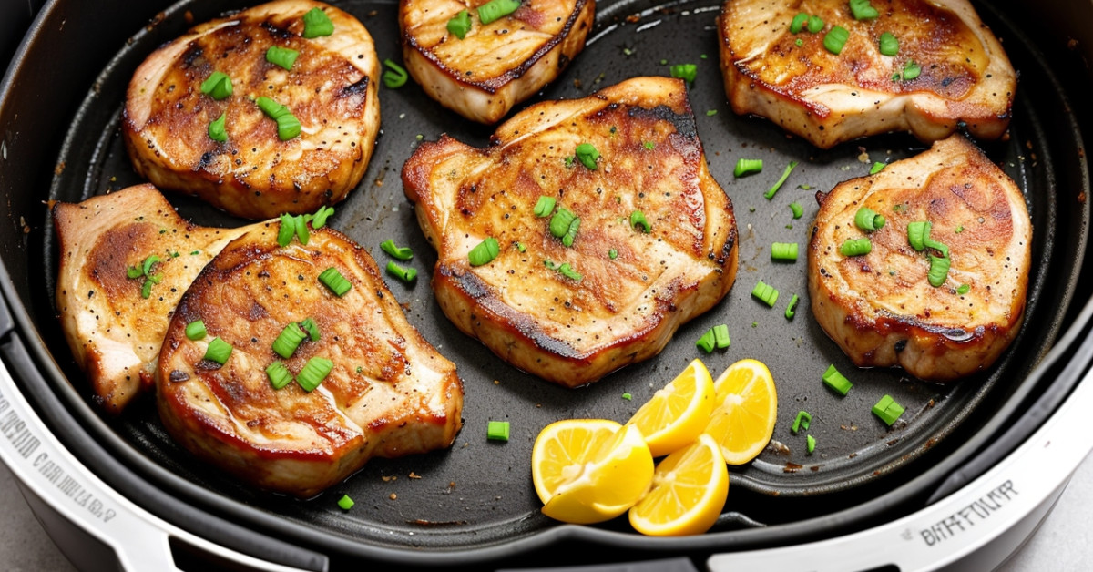 Juicy air-fried thick-cut pork chops on a plate