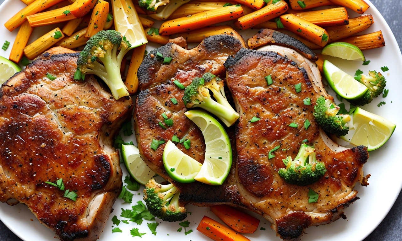 Air-fried bone-in pork chops with vegetables on plate.