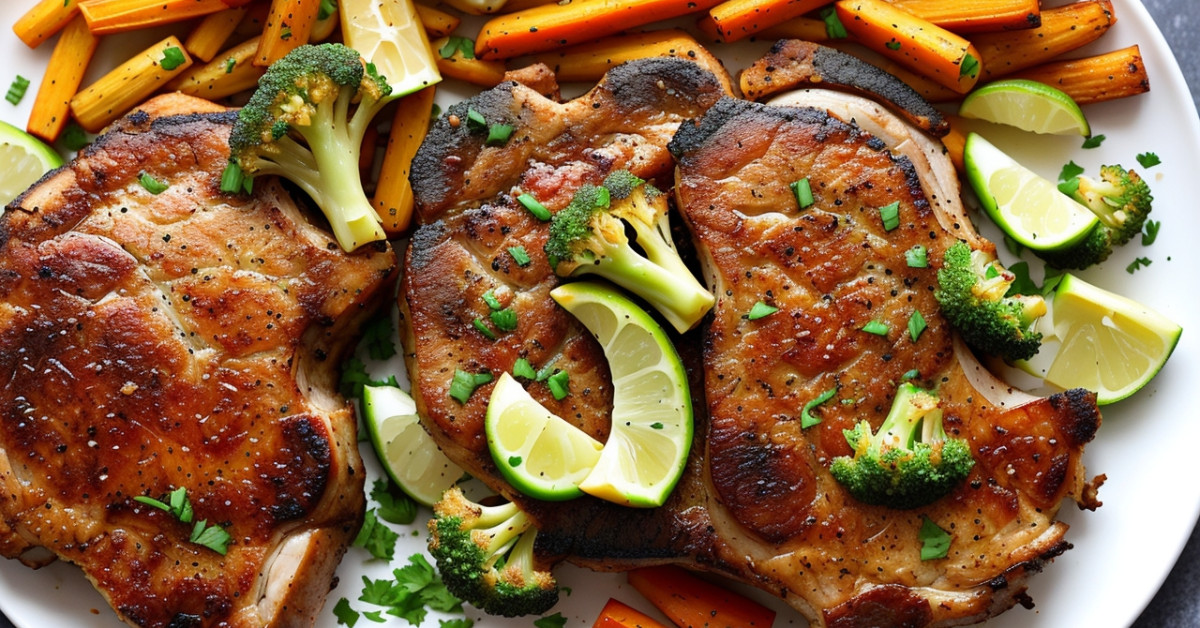Air-fried bone-in pork chops with vegetables on plate.