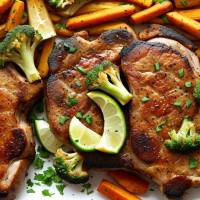 Air-fried bone-in pork chops with vegetables on plate. Air-fried bone-in pork chops with vegetables on plate.