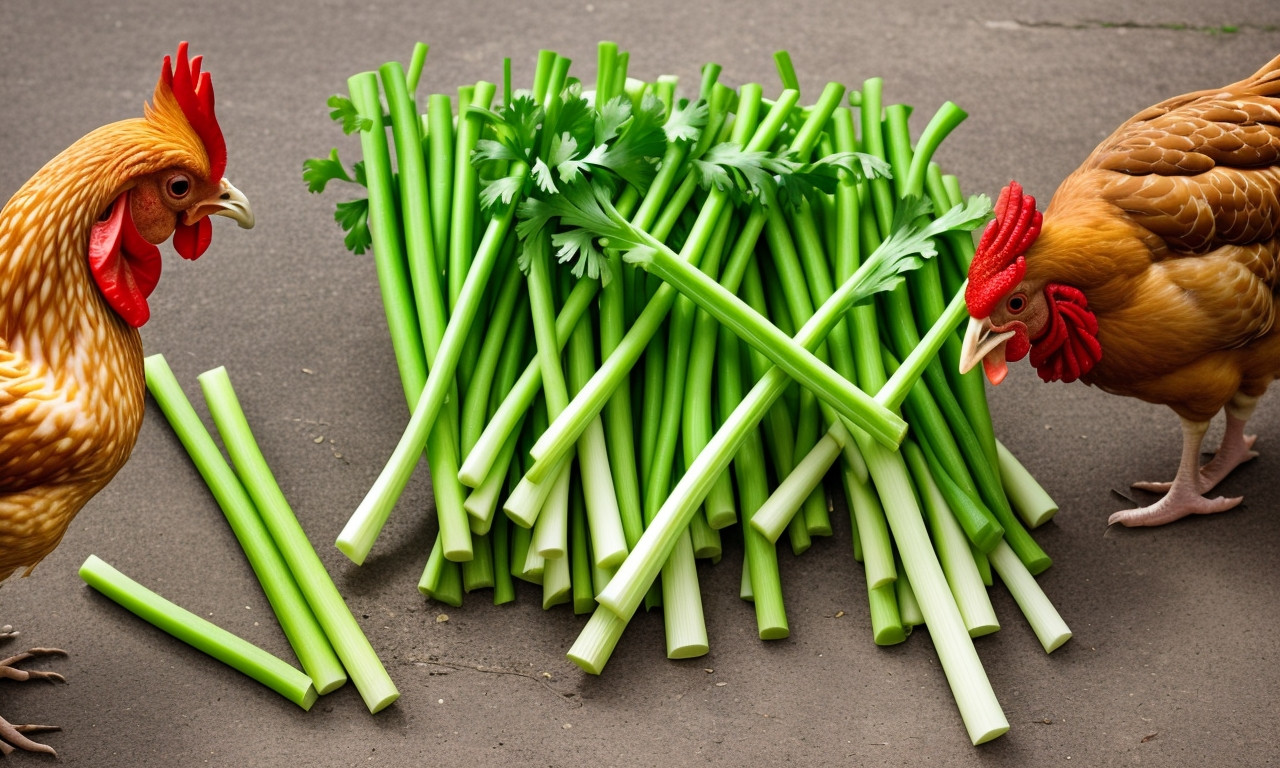 Chickens pecking celery to enhance their health and wellness.