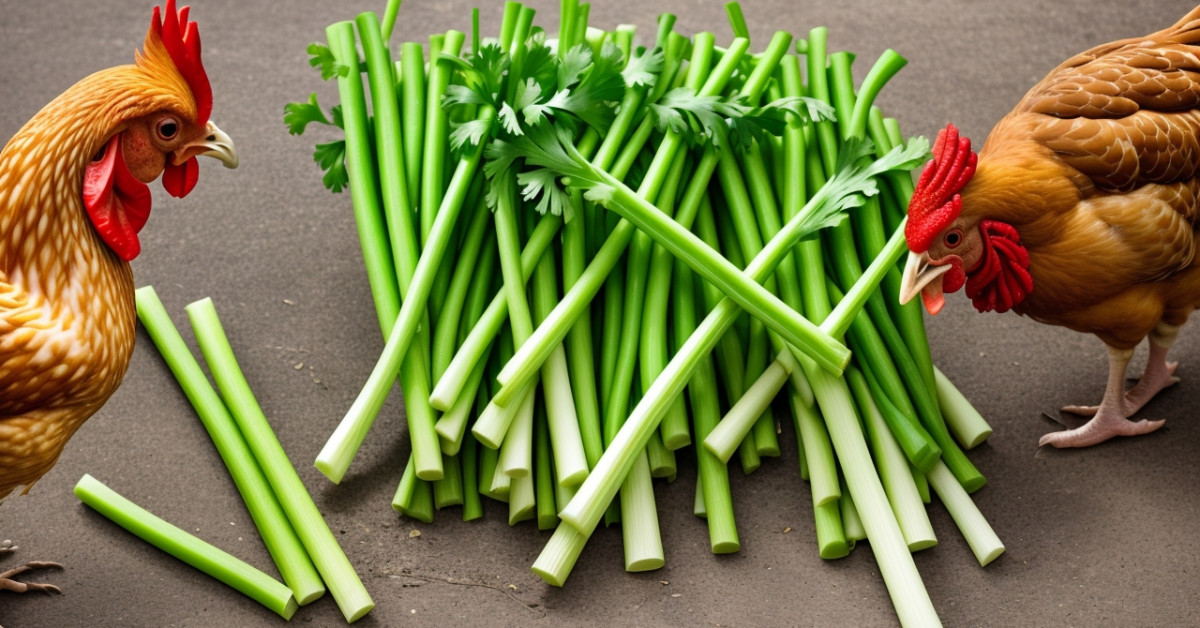Chickens pecking celery to enhance their health and wellness.
