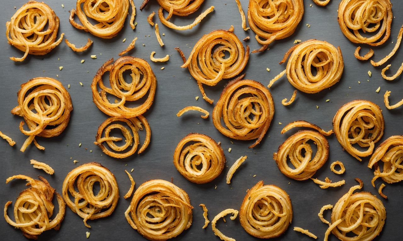 Crispy fried onion strings on wooden board for snacking.