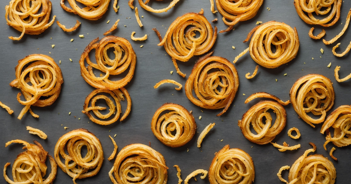 Crispy fried onion strings on wooden board for snacking.